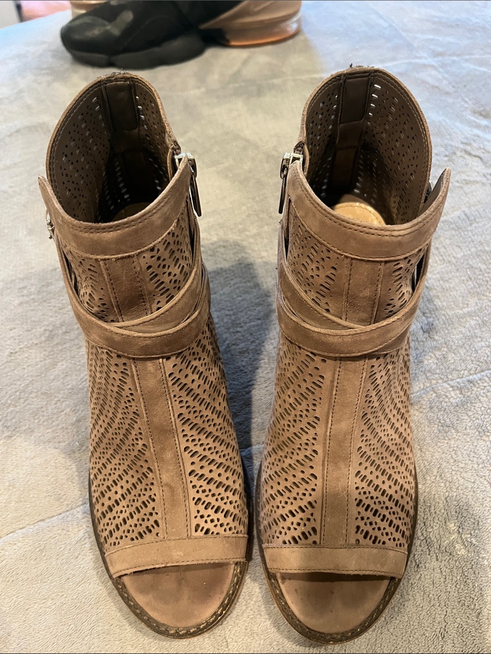 Vince Camuto Taupe Perforated Peep-Toe Mules